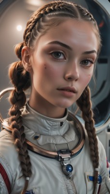 1girl,solo,long hair,looking at viewer,brown hair,twintails,brown eyes,jewelry,upper body,braid,earrings,parted lips,mole,blurry,twin braids,lips,mole under eye,blurry background,portrait,forehead,zipper,freckles,realistic,nose,spacesuit,astronaut,artist name,eyelashes,piercing,thick eyebrows,backlighting,science fiction,pilot suit,badge,dirty,dirty face