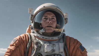 solo,looking at viewer,brown hair,1boy,upper body,male focus,outdoors,parted lips,sky,day,cloud,black eyes,blue sky,facial hair,helmet,portrait,realistic,old,american flag,spacesuit,astronaut,open mouth,brown eyes,jacket,teeth,reflection,science fiction,japanese flag,space helmet