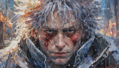 solo,looking at viewer,short hair,bangs,blue eyes,1boy,closed mouth,white hair,male focus,outdoors,signature,black eyes,lips,coat,grey eyes,blood,scar,building,messy hair,portrait,scar on face,close-up,rain,injury,blood on face,realistic,jacket,upper body,artist name,snow,serious,snowing,manly