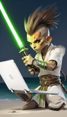 solo,brown hair,1boy,green eyes,ponytail,weapon,male focus,sword,dark skin,glowing,facial mark,beach,dark-skinned male,computer,cyborg,laptop,energy sword,mohawk,lightsaber,jewelry,earrings,tattoo,ocean,colored sclera,science fiction,sand,facepaint,no eyebrows