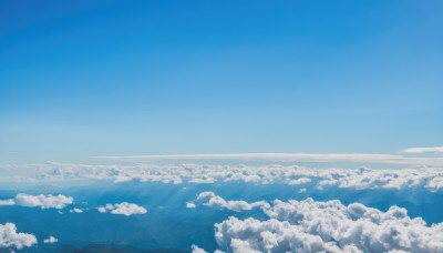 monochrome,outdoors,sky,day,cloud,blue sky,no humans,ocean,cloudy sky,scenery,blue theme,mountain,horizon,landscape,above clouds