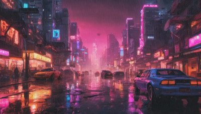 outdoors, sky, no humans, night, ground vehicle, building, scenery, motor vehicle, reflection, rain, city, sign, car, road, cityscape, lamppost, street, skyscraper, puddle, city lights, cyberpunk, neon lights