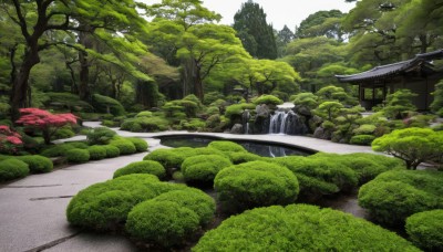 outdoors,day,water,tree,no humans,grass,building,nature,scenery,forest,road,bush,architecture,bridge,east asian architecture,river,waterfall,landscape,path,real world location,rock,pond