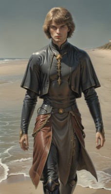 1girl,solo,breasts,looking at viewer,short hair,bangs,blonde hair,brown hair,long sleeves,brown eyes,standing,outdoors,parted lips,day,belt,pants,water,armor,lips,capelet,feet out of frame,ocean,scar,beach,black pants,walking,breastplate,realistic,sand,shore,jewelry,closed mouth,boots,sky,pelvic curtain,arms at sides,black capelet