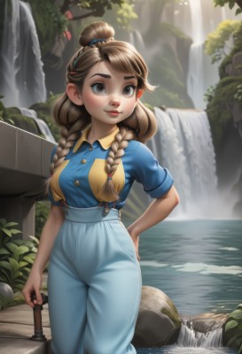 1girl,solo,long hair,breasts,smile,bangs,brown hair,shirt,holding,brown eyes,medium breasts,closed mouth,standing,braid,short sleeves,hairband,outdoors,day,collared shirt,pants,water,hair bun,twin braids,tree,lips,hand on hip,buttons,sunlight,single hair bun,thick eyebrows,suspenders,blue shirt,nature,hair over shoulder,wading,rock,nose,hair tie,overalls,river,waterfall,high-waist pants,looking at viewer,hair ornament,leaf,freckles