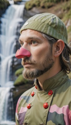 solo,brown hair,1boy,hat,closed mouth,upper body,male focus,outdoors,day,water,blurry,grey eyes,blurry background,facial hair,beard,realistic,green headwear,mustache,beanie,old,waterfall,green eyes,jacket,grey hair,signature,uniform,lips,military,military uniform,buttons,depth of field,looking up,portrait,nose,looking afar,manly,badge