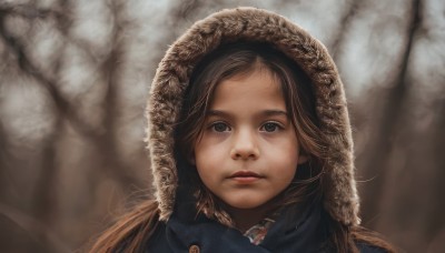 1girl,solo,long hair,looking at viewer,brown hair,hat,brown eyes,closed mouth,hood,blurry,black eyes,tree,lips,coat,fur trim,blurry background,expressionless,portrait,nature,forest,realistic,nose,winter clothes,bangs,signature,close-up