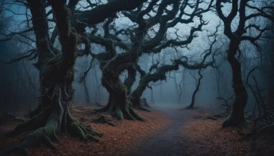 solo,1boy,weapon,outdoors,sword,tree,no humans,night,grass,nature,scenery,forest,dark,bare tree,fog,plant,path