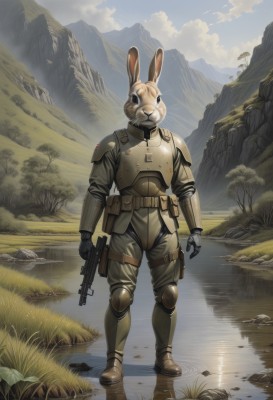 solo,gloves,1boy,holding,animal ears,standing,full body,weapon,male focus,boots,outdoors,sky,day,pants,cloud,water,holding weapon,armor,rabbit ears,tree,gun,military,no humans,animal,helmet,cloudy sky,grass,shoulder armor,holding gun,nature,rifle,furry,1other,reflection,science fiction,pouch,rabbit,breastplate,rock,mountain,realistic,knee pads,submachine gun,mountainous horizon,lake,uniform,military uniform,bird,scenery,walking,river,elbow pads,body armor