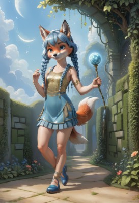 1girl,solo,long hair,breasts,smile,bangs,blue eyes,skirt,shirt,dress,holding,animal ears,bare shoulders,twintails,jewelry,closed mouth,blue hair,standing,collarbone,tail,full body,braid,flower,sidelocks,pleated skirt,small breasts,outdoors,frills,sky,shoes,teeth,sleeveless,day,shiny,artist name,cloud,signature,miniskirt,nail polish,high heels,shiny hair,twin braids,flat chest,tree,blue sky,blue skirt,animal ear fluff,hands up,fox ears,sleeveless shirt,sleeveless dress,fox tail,bird,leaf,watermark,short dress,moon,happy,sunlight,grass,plant,crescent,staff,red flower,fox girl,building,gem,web address,furry,armlet,blue nails,blue footwear,patreon username,hair tie,holding staff,furry female,spaghetti strap,bush,body fur,vines,white fur,crescent moon,animal nose,orb,snout,two-tone fur,blue gemstone,moss,deviantart username,blue fur,ivy,open mouth,blue dress,standing on one leg,walking,blue flower,fantasy,ruins,arch