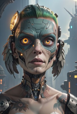 1girl,solo,breasts,looking at viewer,short hair,jewelry,collarbone,yellow eyes,upper body,earrings,outdoors,parted lips,green hair,artist name,lips,orange eyes,tattoo,makeup,glowing,headgear,piercing,feathers,robot,building,ear piercing,portrait,science fiction,nose,android,joints,arm tattoo,cyborg,robot joints,cyberpunk,neck tattoo,mechanical parts,lip piercing,black hair,closed mouth,multicolored hair,close-up,backlighting,facepaint,undercut,eyebrow piercing