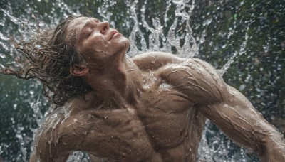 solo,long hair,brown hair,black hair,1boy,closed mouth,collarbone,closed eyes,upper body,male focus,nude,lying,on back,water,lips,wet,muscular,snow,veins,topless male,realistic,manly,nipples,parted lips,pectorals,muscular male,wet hair,splashing