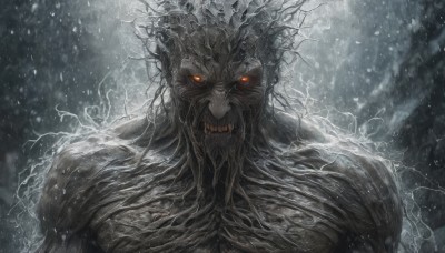 solo,looking at viewer,open mouth,red eyes,1boy,upper body,male focus,outdoors,teeth,orange eyes,no humans,glowing,fangs,sharp teeth,glowing eyes,snow,monster,snowing,whiskers,kaijuu,horror (theme)