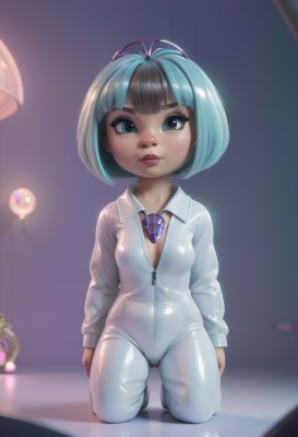 1girl,solo,breasts,looking at viewer,short hair,bangs,blue eyes,black hair,closed mouth,blue hair,full body,multicolored hair,small breasts,shiny,blunt bangs,blurry,two-tone hair,lips,loli,kneeling,no bra,aqua hair,bodysuit,makeup,cameltoe,bob cut,thick eyebrows,antenna hair,zipper,unzipped,zipper pull tab,jumpsuit,light bulb,shirt,necktie,nose,white bodysuit