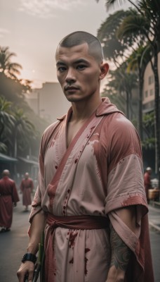 looking at viewer,short hair,1boy,holding,jewelry,closed mouth,weapon,grey hair,male focus,outdoors,japanese clothes,multiple boys,solo focus,kimono,holding weapon,blurry,black eyes,bracelet,tree,gun,blood,tattoo,blurry background,wristband,robe,realistic,palm tree,blood on clothes,bald,very short hair,solo,black hair,standing,sword,dark skin,facial hair,holding sword,dark-skinned male,beard,buzz cut