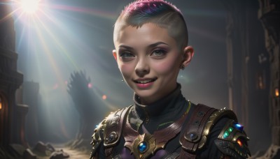 1girl,solo,looking at viewer,smile,short hair,jewelry,green eyes,upper body,pink hair,multicolored hair,earrings,teeth,dark skin,necklace,armor,grin,two-tone hair,lips,bodysuit,makeup,sunlight,lipstick,shoulder armor,portrait,eyeshadow,freckles,science fiction,light rays,realistic,red lips,eyeliner,very short hair,undercut,black hair