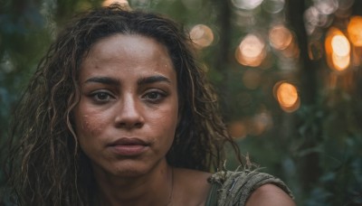 1girl,solo,long hair,looking at viewer,brown hair,black hair,brown eyes,jewelry,closed mouth,signature,dark skin,necklace,mole,blurry,black eyes,dark-skinned female,lips,depth of field,blurry background,wavy hair,portrait,mole under mouth,close-up,forehead,freckles,curly hair,realistic,nose,dirty,bokeh,mole on cheek,outdoors,nature,dirty face