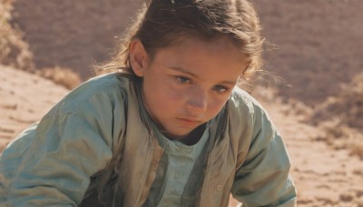 1girl,solo,looking at viewer,brown hair,shirt,long sleeves,1boy,brown eyes,closed mouth,upper body,male focus,outdoors,medium hair,blurry,vest,lips,depth of field,blurry background,expressionless,blue shirt,child,realistic,long hair,short hair,black hair,jacket,white shirt,day,mole,sunlight