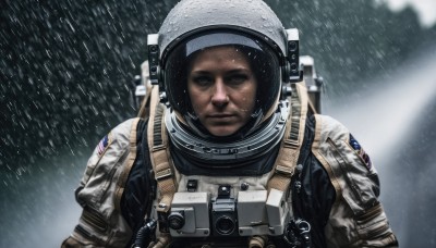 solo,looking at viewer,1boy,upper body,male focus,armor,blurry,black eyes,blurry background,helmet,science fiction,rain,realistic,camera,american flag,spacesuit,astronaut,black hair,brown eyes,closed mouth,snow,serious,snowing,pilot suit,power armor,space helmet