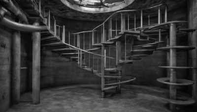 monochrome,greyscale,indoors,no humans,scenery,stairs,railing,pillar,outdoors,industrial pipe