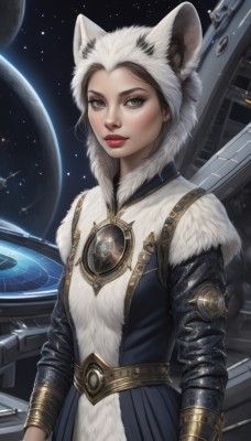 1girl,solo,looking at viewer,short hair,brown hair,animal ears,brown eyes,jewelry,upper body,belt,hood,lips,grey eyes,fur trim,makeup,fake animal ears,lipstick,star (sky),starry sky,science fiction,animal hood,realistic,nose,red lips,space,leather,planet,earth (planet),spacecraft,dress,earrings,parted lips,artist name,signature,coat,eyeshadow,hood up