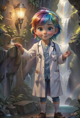 1girl,solo,looking at viewer,blush,smile,short hair,blue eyes,shirt,long sleeves,holding,blue hair,standing,full body,pink hair,multicolored hair,outdoors,shoes,shorts,socks,striped,pants,water,two-tone hair,coat,watermark,brown footwear,sunlight,plant,child,web address,androgynous,freckles,labcoat,female child,lamp,rainbow,waterfall,stethoscope,doctor,rainbow hair,red hair,green hair,lips,leaf,striped shirt,rock,pen,clipboard