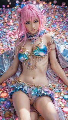 1girl,solo,long hair,breasts,looking at viewer,smile,bangs,blue eyes,skirt,hair ornament,navel,cleavage,bare shoulders,jewelry,medium breasts,sitting,underwear,panties,swimsuit,pink hair,bikini,frills,pussy,necklace,stomach,hair bun,bra,blurry,lips,gem,revealing clothes,blue bikini,armlet,realistic,bikini armor,reclining,pearl (gemstone),food,cape,uncensored,watermark