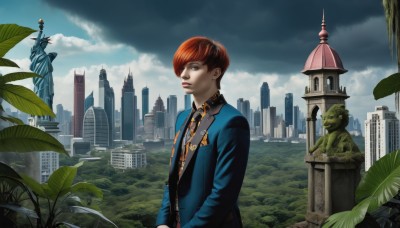 solo,looking at viewer,blue eyes,brown hair,1boy,jacket,upper body,male focus,red hair,outdoors,necktie,sky,day,cloud,hair over one eye,tree,leaf,cloudy sky,plant,building,scenery,city,realistic,cityscape,castle,tower,statue,orange hair,formal,suit,freckles