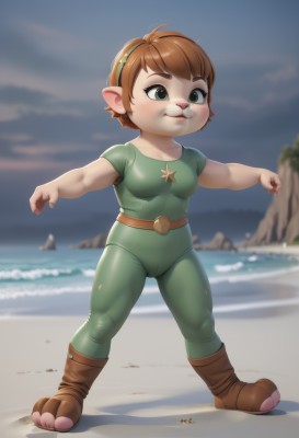 1girl,solo,breasts,blush,smile,short hair,bangs,brown hair,shirt,green eyes,standing,full body,short sleeves,hairband,small breasts,boots,outdoors,sky,day,pointy ears,belt,artist name,cloud,signature,water,blurry,bodysuit,blurry background,cameltoe,shadow,ocean,beach,brown footwear,skin tight,furry,green shirt,sand,furry female,female child,brown belt,animal nose,animal ears,child,freckles,green bodysuit