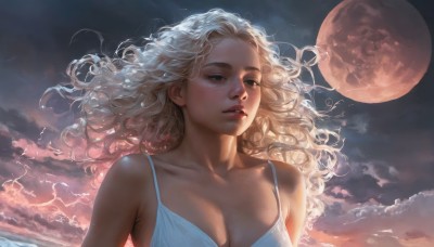 1girl,solo,long hair,breasts,blue eyes,blonde hair,dress,cleavage,bare shoulders,medium breasts,collarbone,upper body,white hair,outdoors,parted lips,sky,cloud,white dress,lips,night,floating hair,wavy hair,looking away,moon,cloudy sky,wind,full moon,curly hair,realistic,nose,ocean,spaghetti strap,lightning