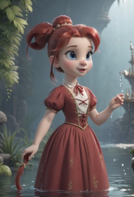 1girl,solo,blush,smile,blue eyes,hair ornament,dress,ribbon,holding,standing,ponytail,short sleeves,red hair,outdoors,parted lips,puffy sleeves,water,blurry,red ribbon,puffy short sleeves,lips,wet,red dress,plant,child,nature,corset,wading,freckles,rock,female child,waterfall,long hair,short hair,artist name,hand up,leaf,water drop,red lips,pond