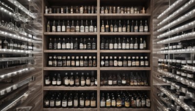 indoors,cup,no humans,bottle,scenery,alcohol,drinking glass,wooden floor,glass,wine glass,stool,shelf,wine bottle,bar (place),counter,ceiling light,whiskey