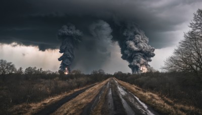 outdoors,sky,cloud,tree,no humans,cloudy sky,grass,fire,nature,scenery,forest,smoke,monster,mountain,road,fog,path,lantern,dark,statue,landscape