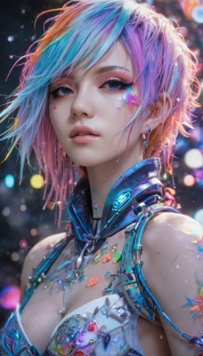 1girl,solo,breasts,looking at viewer,short hair,bangs,blue eyes,cleavage,bare shoulders,jewelry,medium breasts,blue hair,upper body,pink hair,multicolored hair,earrings,parted lips,teeth,artist name,necklace,star (symbol),bra,blurry,two-tone hair,lips,wet,eyelashes,tattoo,gradient hair,makeup,detached collar,depth of field,blurry background,swept bangs,watermark,facial mark,lipstick,gem,web address,eyeshadow,pink lips,realistic,nose,eyeliner,bokeh,mascara,swimsuit,purple hair,bikini,sleeveless,water,armor,from side,streaked hair,piercing,light particles,lens flare,armlet,freckles,rain,water drop,wet hair,facepaint,colorful