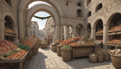 1girl,outdoors,food,sky,day,no humans,window,fruit,shadow,building,scenery,stairs,fantasy,basket,road,carrot,architecture,mushroom,bread,pillar,vegetable,arch,pavement,1boy,multiple boys,cloud,sunlight,plant,robe,multiple others,statue,column