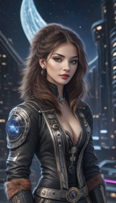 1girl,solo,long hair,breasts,looking at viewer,blue eyes,brown hair,gloves,cleavage,brown eyes,jewelry,medium breasts,jacket,upper body,earrings,outdoors,open clothes,sky,belt,necklace,armor,blurry,lips,fur trim,makeup,night,blurry background,moon,lipstick,star (sky),night sky,starry sky,city,nose,red lips,leather,underwear,bra,black jacket,black bra,realistic