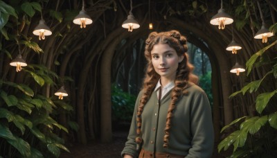 1girl,solo,long hair,looking at viewer,smile,blue eyes,brown hair,shirt,long sleeves,brown eyes,jacket,white shirt,upper body,outdoors,parted lips,collared shirt,indoors,tree,lips,buttons,leaf,drill hair,plant,nature,forest,curly hair,realistic,ringlets,teeth,day,vest,window,green shirt,mushroom