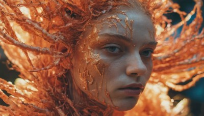 1girl,solo,looking at viewer,blue eyes,closed mouth,blurry,lips,grey eyes,blurry background,portrait,science fiction,realistic,nose,alien,green eyes,male focus,black eyes,eyelashes,expressionless,freckles,planet,orange theme