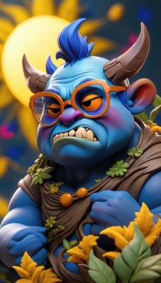 solo,1boy,blue hair,upper body,flower,male focus,horns,glasses,teeth,artist name,blurry,blurry background,colored skin,leaf,sunglasses,clenched teeth,angry,clenched hands,colored sclera,yellow flower,blue skin,furry male,tinted eyewear,topknot,blush