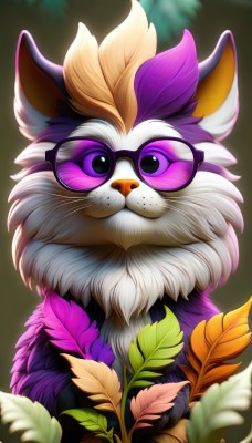 solo,looking at viewer,closed mouth,purple eyes,purple hair,flower,glasses,artist name,signature,blurry,black eyes,pokemon (creature),no humans,blurry background,leaf,freckles,round eyewear,purple flower,animal focus,upper body,animal,watermark,cat,sunglasses,web address,purple-tinted eyewear