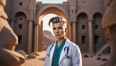 solo,looking at viewer,short hair,shirt,black hair,1boy,brown eyes,upper body,grey hair,male focus,multicolored hair,outdoors,two-tone hair,rock,realistic,green shirt,labcoat,ruins,pillar,stethoscope,doctor,blue eyes,blonde hair,lips