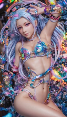 1girl,solo,long hair,breasts,looking at viewer,smile,gloves,navel,jewelry,medium breasts,underwear,blue hair,purple eyes,collarbone,swimsuit,braid,bikini,multicolored hair,earrings,fingerless gloves,pink eyes,armpits,necklace,nail polish,armor,arm up,bracelet,lips,blue nails,realistic,bikini armor,small breasts,two-tone hair,makeup,watermark,ring,web address,armlet,hand on own head