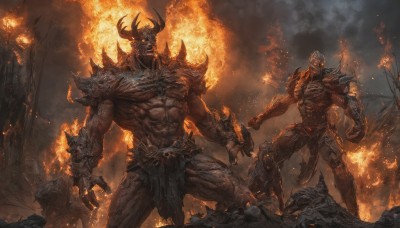 1boy,standing,tail,weapon,male focus,outdoors,multiple boys,horns,sky,teeth,cloud,signature,2boys,armor,muscular,glowing,abs,helmet,cloudy sky,fire,muscular male,shoulder armor,gauntlets,glowing eyes,claws,pelvic curtain,spikes,veins,pauldrons,skull,monster,rock,giant,manly,loincloth,demon,embers,molten rock,open mouth