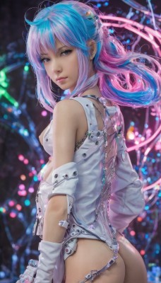 1girl,solo,long hair,breasts,looking at viewer,bangs,gloves,bare shoulders,brown eyes,jewelry,medium breasts,blue hair,pink hair,ass,multicolored hair,cowboy shot,small breasts,looking back,from behind,blurry,two-tone hair,leotard,lips,grey eyes,blurry background,science fiction,realistic,nose,hair ornament,closed mouth,standing,artist name,gradient hair,watermark,web address,zipper,white leotard