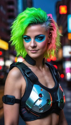 1girl,solo,breasts,looking at viewer,smile,short hair,blue eyes,cleavage,bare shoulders,upper body,pink hair,multicolored hair,small breasts,green hair,midriff,armor,blurry,two-tone hair,lips,eyelashes,makeup,depth of field,blurry background,watermark,lipstick,web address,eyeshadow,freckles,realistic,nose,eyeliner,tinted eyewear,mascara,cyberpunk,rainbow hair,medium breasts,facepaint,neon lights