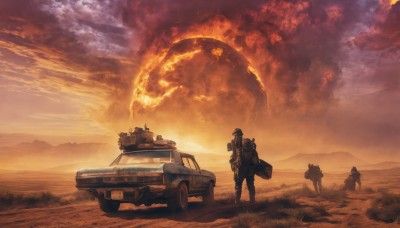 holding,standing,weapon,outdoors,multiple boys,sky,cloud,2boys,bag,from behind,gun,military,military uniform,backpack,3boys,helmet,cloudy sky,grass,fire,ground vehicle,scenery,motor vehicle,rifle,smoke,science fiction,sunset,mountain,sun,military vehicle,explosion,tank,multiple others,soldier,truck,car,desert