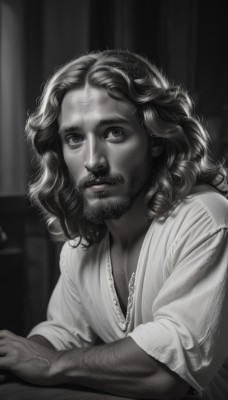 solo,long hair,looking at viewer,shirt,1boy,closed mouth,monochrome,upper body,greyscale,male focus,indoors,medium hair,blurry,blurry background,facial hair,curtains,beard,curly hair,realistic,mustache,stubble,chest hair,arm hair,jewelry,parted lips,dark skin,necklace,watermark,scar,dark-skinned male,manly