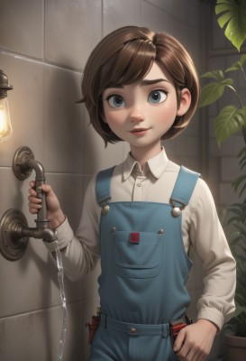 1girl,solo,looking at viewer,blush,smile,short hair,bangs,blue eyes,brown hair,shirt,long sleeves,holding,standing,white shirt,cowboy shot,parted lips,collared shirt,indoors,lips,chain,leaf,thick eyebrows,plant,child,freckles,overalls,brick wall,water,hand on hip,denim,hand in pocket