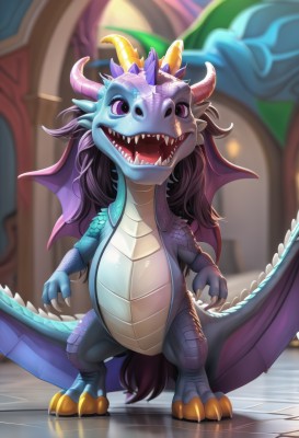 solo,long hair,open mouth,standing,purple eyes,tail,full body,wings,horns,teeth,artist name,indoors,signature,blurry,no humans,blurry background,fangs,sharp teeth,claws,dragon horns,dragon,dragon tail,scales,dragon wings,looking at viewer,watermark,reflection,tiles,tile floor,reflective floor