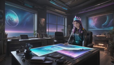 1girl,solo,long hair,breasts,bangs,shirt,long sleeves,sitting,closed mouth,jacket,closed eyes,purple hair,braid,open clothes,belt,pants,indoors,open jacket,cup,black jacket,book,window,night,chair,table,crown,blue shirt,plant,star (sky),scenery,desk,paper,pen,potted plant,space,computer,monitor,planet,earth (planet),keyboard (computer),globe,hair ornament,necktie,sky,shiny,shiny hair,twin braids,night sky,lamp